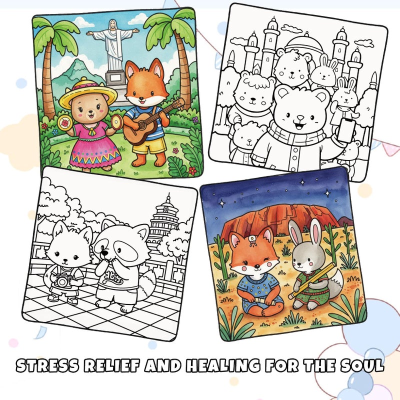 FunLavie Cozy Coloring Book for Adults and Kids â€“ Featuring Fuzzyâ€™s Cute Animal Travel Adventures for Adult Stress Relief, Bold and Easy, Simple Designs for Teen Relaxation, Spiral Bound Design - Image 5