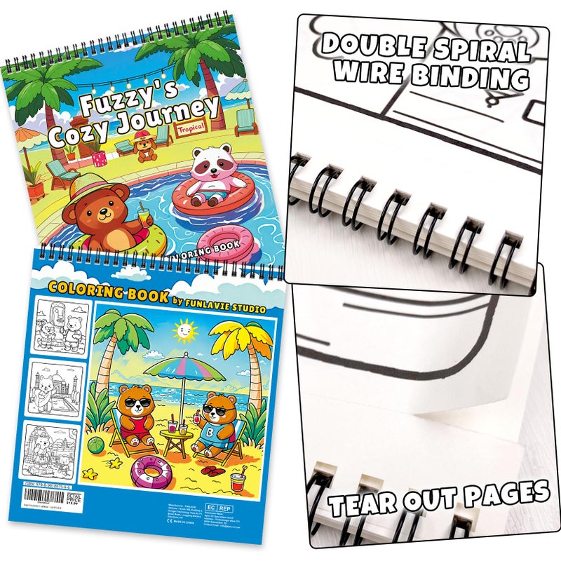FunLavie Cozy Coloring Book for Adults and Kids â€“ Featuring Fuzzyâ€™s Cute Animal Travel Adventures for Adult Stress Relief, Bold and Easy, Simple Designs for Teen Relaxation, Spiral Bound Design - Image 2