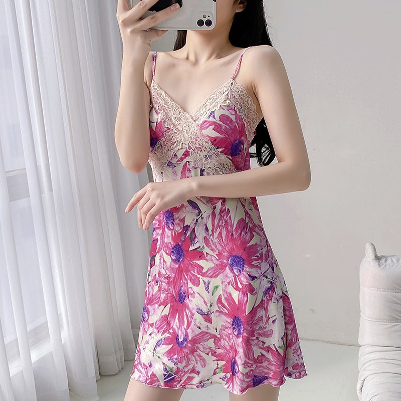 Women's Ice Silk Lace Nightgown with Padded Bra - Image 4