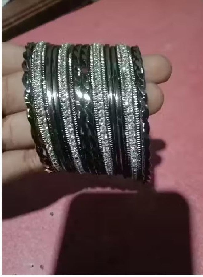 شيفارث سوار شيفارث® المؤكسد بتصميم تقليدي جميل، مصنوع من المعدن المطلي باللون الأسود، مرصع بأحجار الزركون الكريمة، طقم أساور أمريكية/كادا/تشودي للنساء (أسود، 2.2) - Image 5