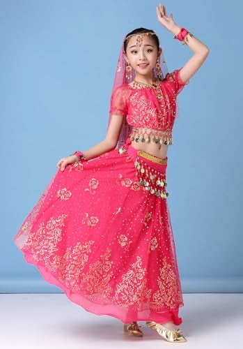 ORIDOOR Belly Dancing Costume Pleated Dress Set for Girls Halloween Indian Performence Suits 5-Piece Outfit 11-13Years A-Rose - Image 5
