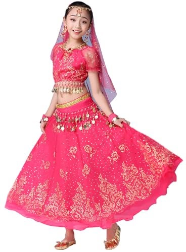 ORIDOOR Belly Dancing Costume Pleated Dress Set for Girls Halloween Indian Performence Suits 5-Piece Outfit 11-13Years A-Rose - Image 1