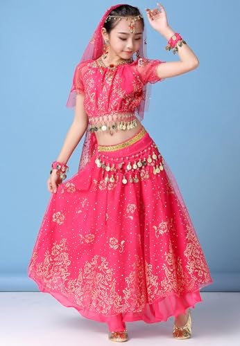 ORIDOOR Belly Dancing Costume Pleated Dress Set for Girls Halloween Indian Performence Suits 5-Piece Outfit 11-13Years A-Rose - Image 4