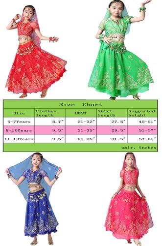 ORIDOOR Belly Dancing Costume Pleated Dress Set for Girls Halloween Indian Performence Suits 5-Piece Outfit 11-13Years A-Rose - Image 2