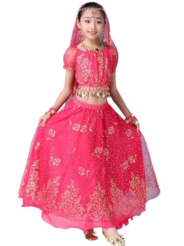 ORIDOOR Belly Dancing Costume Pleated Dress Set for Girls Halloween Indian Performence Suits 5-Piece Outfit 11-13Years A-Rose - Image 3
