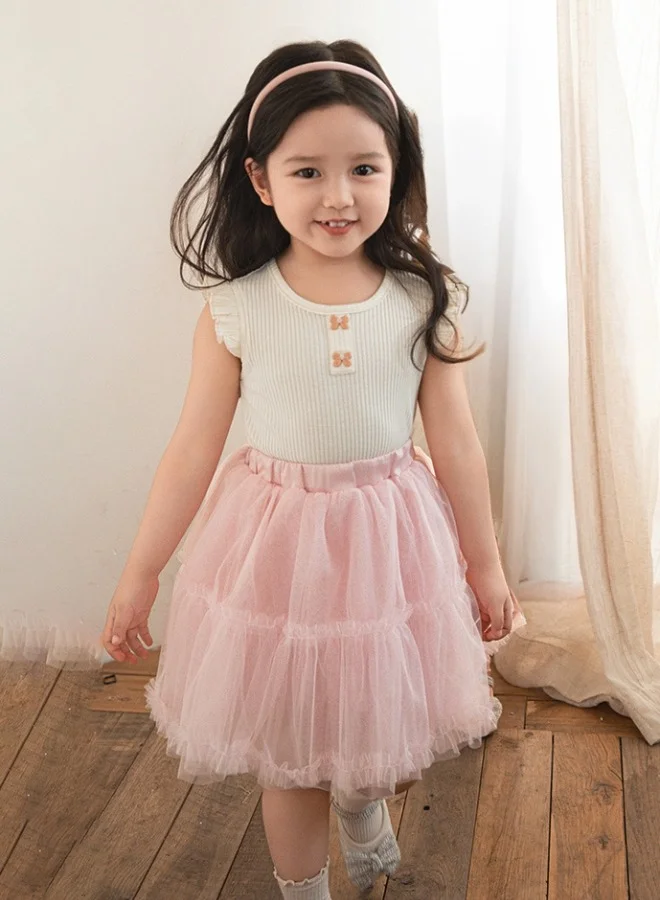 Dave & Bella Girls ribbed Cotton Top with Frill Sleeves and Bow detail