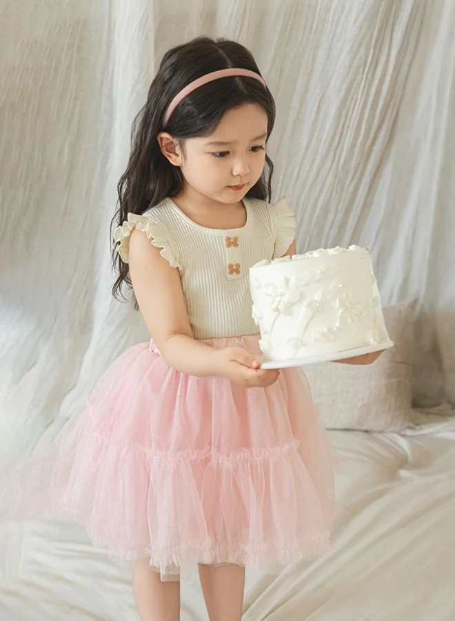 Dave & Bella Girls ribbed Cotton Top with Frill Sleeves and Bow detail