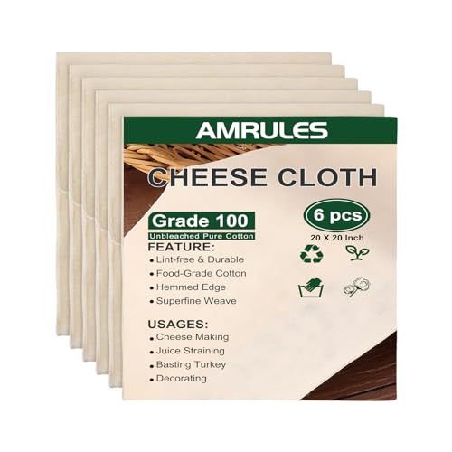 Amrules Cheese Cloths for Straining, 6PCS 20x20 Inch Grade 100 Cheese Cloth, Reusable Washable Unbleached Pure Cotton Cheesecloth for Cooking and Cheese Making with Hemmed Edge - Image 1