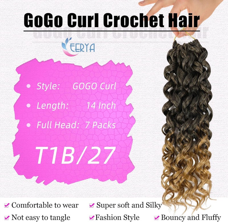 إييريا 7 عبوات من شعر الحياكة GoGo Curl، طول 14 بوصة، شعر حياكة مجعد قصير للنساء، مثالي للشواطئ، بتموجات مائية وتموجات عميقة، تسريحات شعر حياكة، إضافات شعر صناعية (14 بوصة، الألوان T1B/27) - Image 3