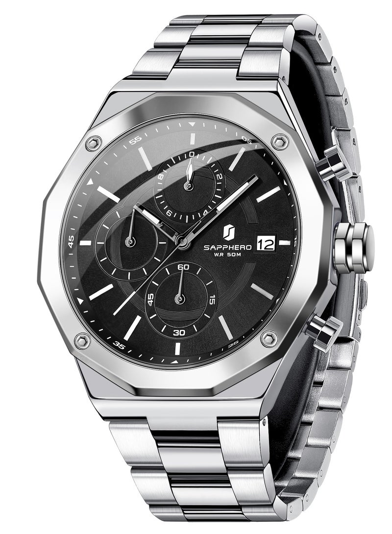 SAPPHERO الرجال ساعات المعصم ثمانية زاوية الفولاذ المقاوم للصدأ ساعة الكوارتز للرجال 50M الماء الحركة التناظرية مع تاريخ أنيقة الرجال هدية SO2203 - Image 1