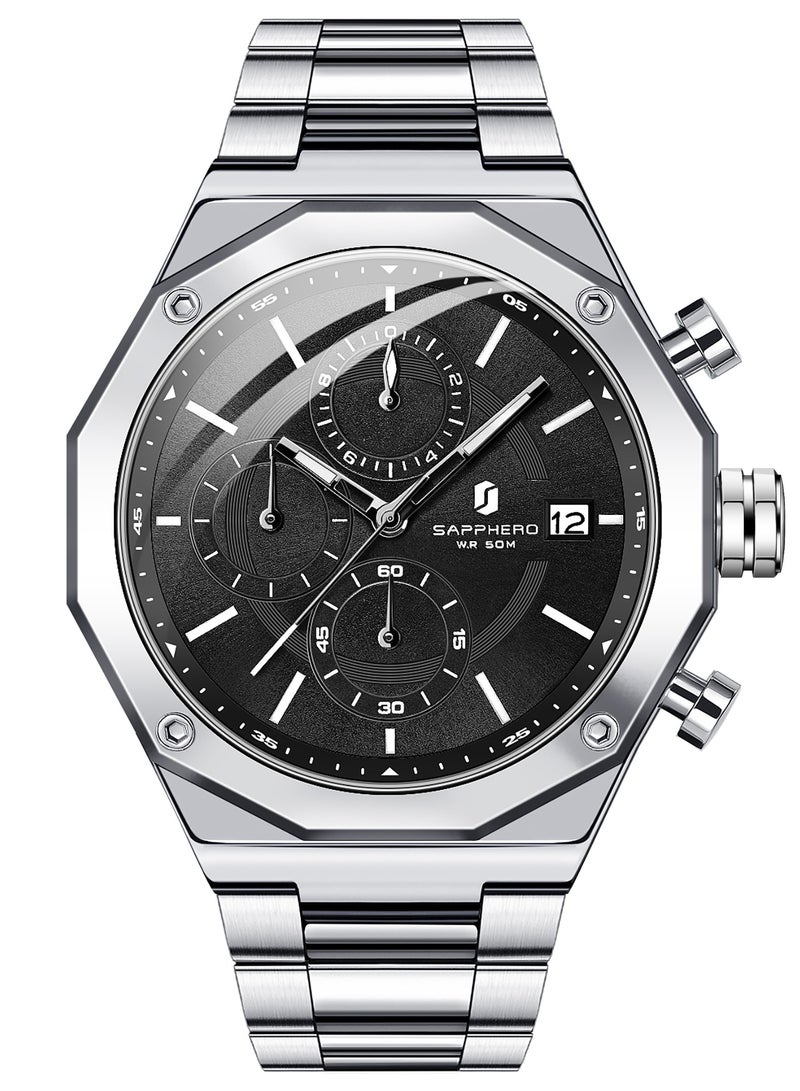 SAPPHERO الرجال ساعات المعصم ثمانية زاوية الفولاذ المقاوم للصدأ ساعة الكوارتز للرجال 50M الماء الحركة التناظرية مع تاريخ أنيقة الرجال هدية SO2203 - Image 2