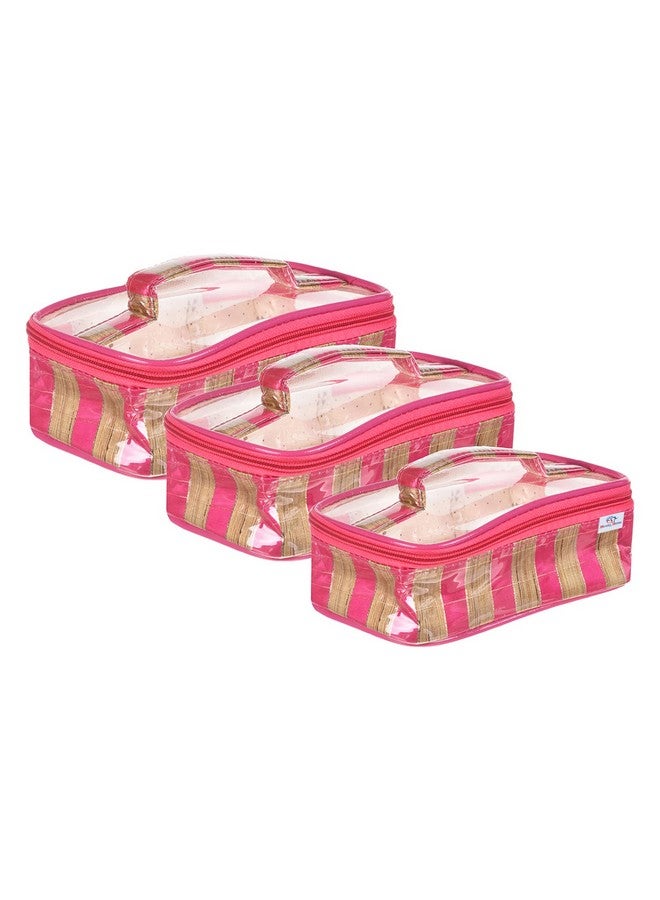 Hearts Makeup Kit | Silk Laminated Fabric Cosmatic Bag For Woman | 3 Pcs Travel Toiletry Bag With Handle | Pink - Image 1