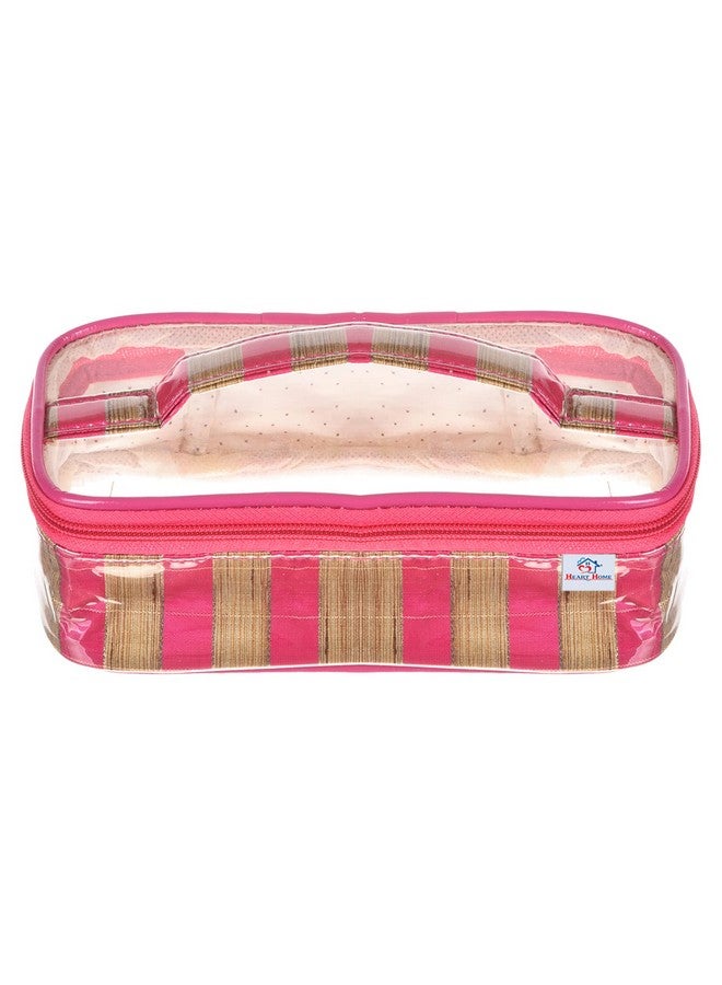 Hearts Makeup Kit | Silk Laminated Fabric Cosmatic Bag For Woman | 3 Pcs Travel Toiletry Bag With Handle | Pink - Image 2