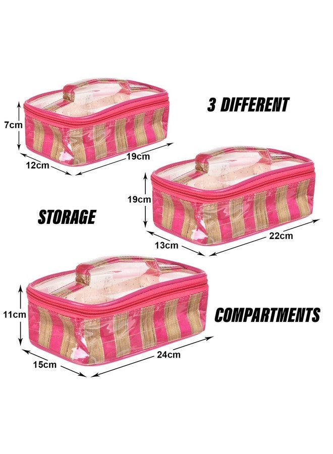 Hearts Makeup Kit | Silk Laminated Fabric Cosmatic Bag For Woman | 3 Pcs Travel Toiletry Bag With Handle | Pink - Image 3