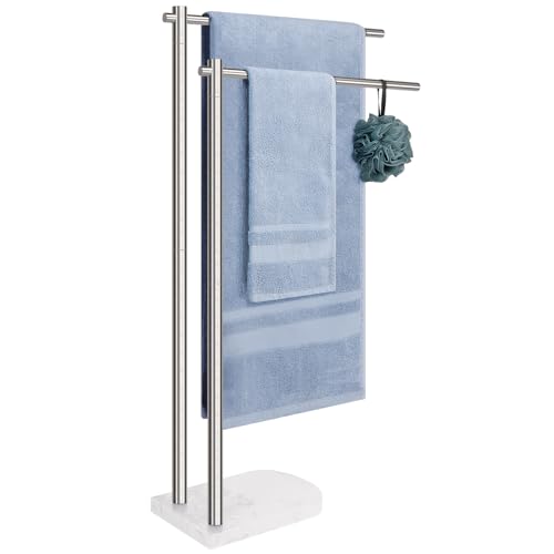 Livabber Standing Towel Rack, 304 Stainless Steel 2-Tier Towel Holder Stand with Marble Base, Modern Stylish Tall Shower Towel Bar for Bathroom Accessories, Pool（Brushed Nickel） - Image 1