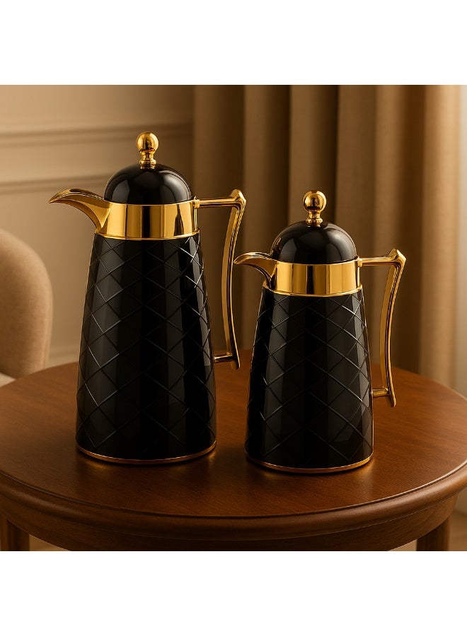 BASURRAH Luxury Tea and Coffee Thermos Set with Elegant Diamond Design - 2 Pieces in Glossy Black with Gold Trim, Keeps Hot and Cold for Hours, Perfect for Serving in Style at Home or Events 0.75+1 Liter - Image 1