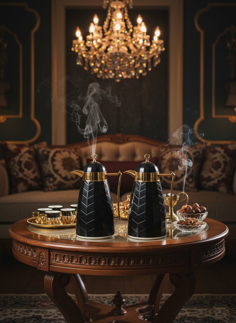 BASURRAH Luxury Tea and Coffee Thermos Set with Elegant Diamond Design - 2 Pieces in Glossy Black with Gold Trim, Keeps Hot and Cold for Hours, Perfect for Serving in Style at Home or Events 0.75+1 Liter - Image 2