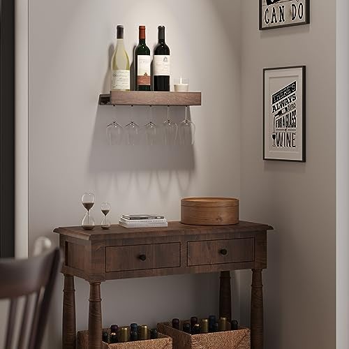 Rustic State Smith Wall Mounted Wood Floating Wine Bottle Rack with Glassware Holder Stemware Shelf Storage Organizer - Home, Kitchen, Dining Room Bar Décor - Walnut - Image 3