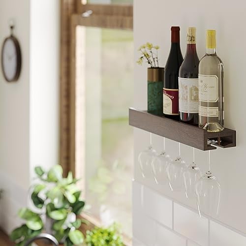 Rustic State Smith Wall Mounted Wood Floating Wine Bottle Rack with Glassware Holder Stemware Shelf Storage Organizer - Home, Kitchen, Dining Room Bar Décor - Walnut - Image 4
