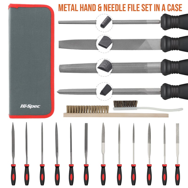 Hi-Spec 18 Piece Metal Hand & Needle Files Tool Set Kit. Large & Small Mini T12 Carbon Steel Diamond Flat, Half, Round, Triangle Files for DIY, Wood and Crafts. Complete in a Zipper Case with Brushes - Image 2