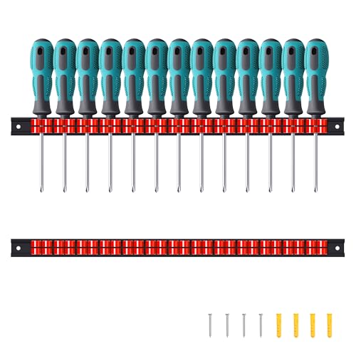 Reniteco 2 Pack Wall-Mounted Screwdriver Organizers with Screws - Heavy-Duty ABS Plastic Tool Holder for Screwdrivers, Wrenches, Piers - Garage Workshop Storage (Red,2 PCS) - Image 1