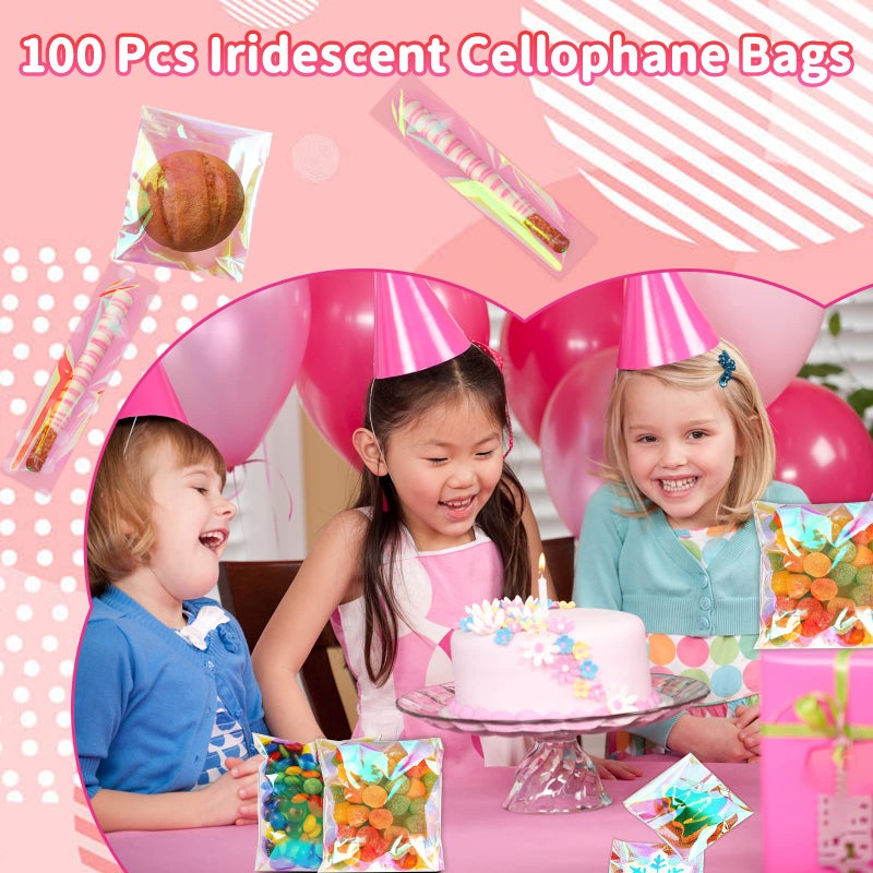 SUREHOME Cookie Bags with Seal 100 Pcs 5x6 In Iridescent Holographic Self Sealing Cellophane Treat Bags Pink Resealable Individual Cookie Bag for Gift Giving Valentine Candy Packaging Goodie Wrappers - Image 2