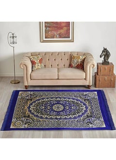 Kuber Industries Kuber Industries Carpet|Water Absorption Kalamkari Paisley Pattern Floor Mat|Velvet Sitting Carpet for Hall, Living Room, 5x7 Feet (Navy Blue)  - Image 1