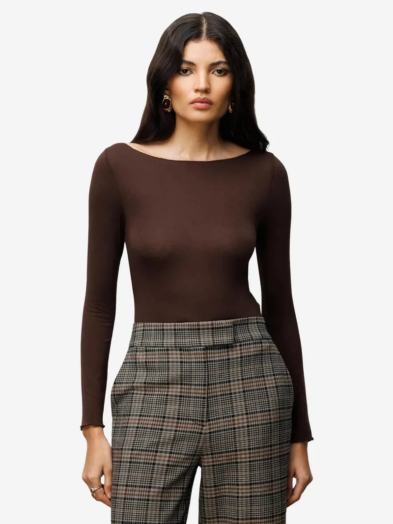 MixRay Coffee Brown MIXRAY Slim Fit Boat Neck Blouse for Women | Best Price UAE