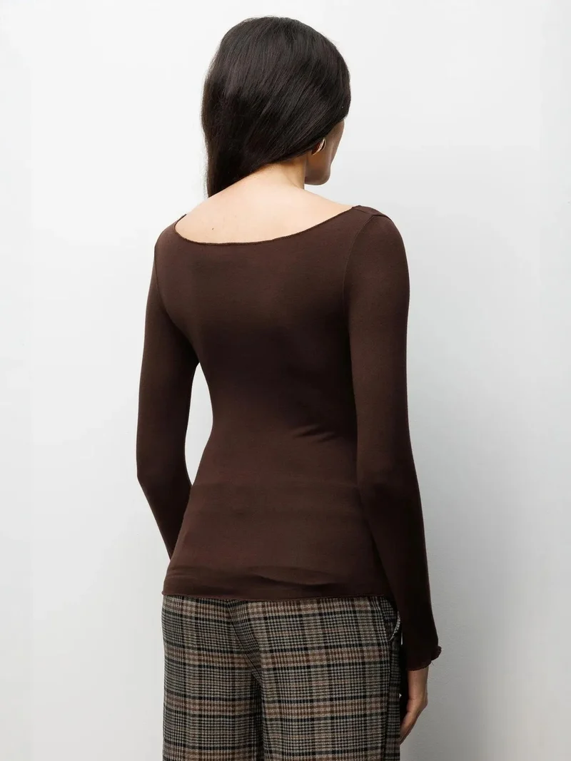 MixRay Coffee Brown MIXRAY Slim Fit Boat Neck Blouse for Women | Best Price UAE