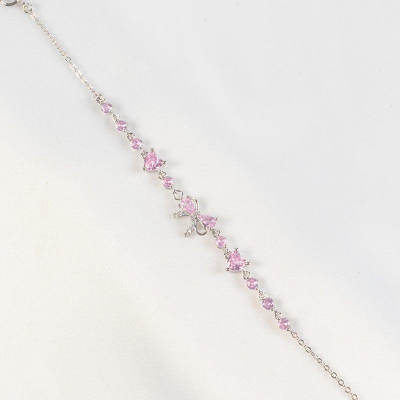 Pink Zirconic Silver Stainless Steel Bowtie Bracelet - Image 2