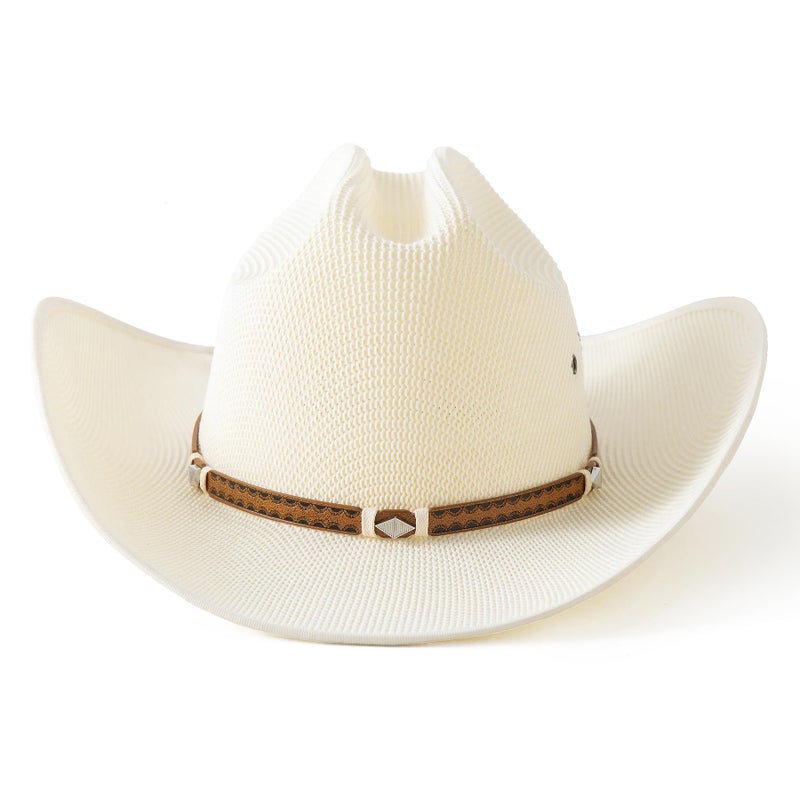 Lanzom Men Wide Brim Western Cowboy Hat Classic Style Straw Western Cowgirl Hat with Leather Buckle (US, Alpha, Medium, Large, Ivory White) - Image 3