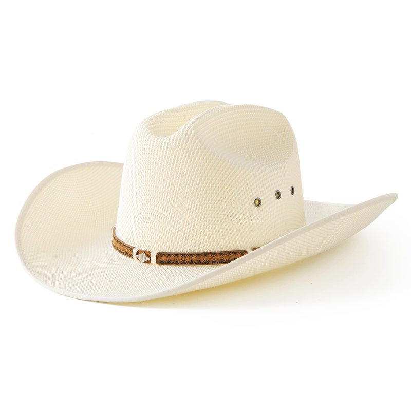 Lanzom Men Wide Brim Western Cowboy Hat Classic Style Straw Western Cowgirl Hat with Leather Buckle (US, Alpha, Medium, Large, Ivory White) - Image 1