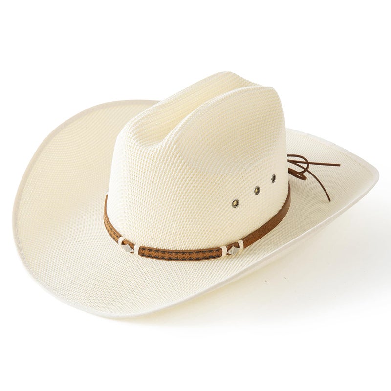 Lanzom Men Wide Brim Western Cowboy Hat Classic Style Straw Western Cowgirl Hat with Leather Buckle (US, Alpha, Medium, Large, Ivory White) - Image 2