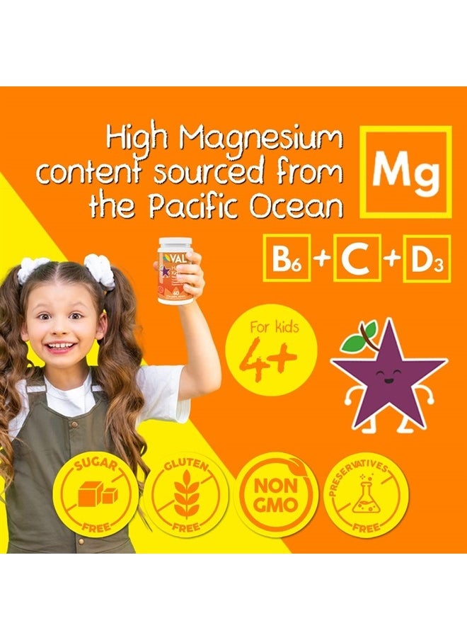 VAL - Chewable Magnesium for Kids, Relaxation and Calm Formula, Glycinate, Citrate, Taurate, Vitamin B6, D, C, Natural Star Grape Flavor, Sugar Free, Gluten Free, Non-GMO, 60 Chewable Tablets - Image 1