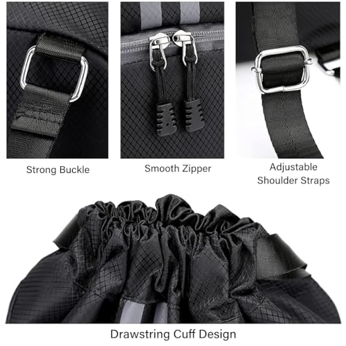Optifit® Basketball Drawstring Bag With Shoe Compartment - Large Capacity Fitness Backpack for Gym, Football, Outdoor Sports - Water-resistant Fabric, Black - Image 4
