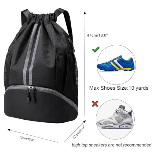Optifit® Basketball Drawstring Bag With Shoe Compartment - Large Capacity Fitness Backpack for Gym, Football, Outdoor Sports - Water-resistant Fabric, Black - Image 3