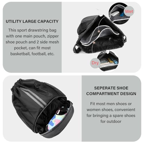 Optifit® Basketball Drawstring Bag With Shoe Compartment - Large Capacity Fitness Backpack for Gym, Football, Outdoor Sports - Water-resistant Fabric, Black - Image 5