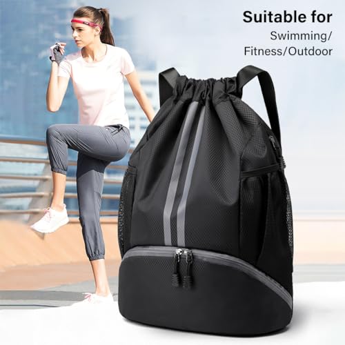 Optifit® Basketball Drawstring Bag With Shoe Compartment - Large Capacity Fitness Backpack for Gym, Football, Outdoor Sports - Water-resistant Fabric, Black - Image 2