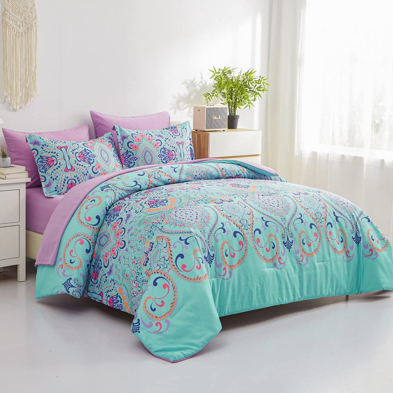 DHSFKBE King Size Comforter Set, 7 Piece Bed in a Bag, Boho Aqua and Lilac Damask Medallion Print Comforter with Sheets, Soft Microfiber Complete Bedding Set for All Season (Aqua, King) - Image 2