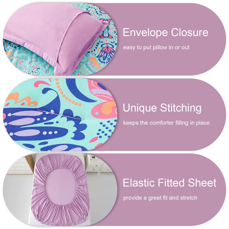 DHSFKBE King Size Comforter Set, 7 Piece Bed in a Bag, Boho Aqua and Lilac Damask Medallion Print Comforter with Sheets, Soft Microfiber Complete Bedding Set for All Season (Aqua, King) - Image 4