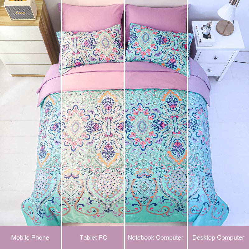 DHSFKBE King Size Comforter Set, 7 Piece Bed in a Bag, Boho Aqua and Lilac Damask Medallion Print Comforter with Sheets, Soft Microfiber Complete Bedding Set for All Season (Aqua, King) - Image 5