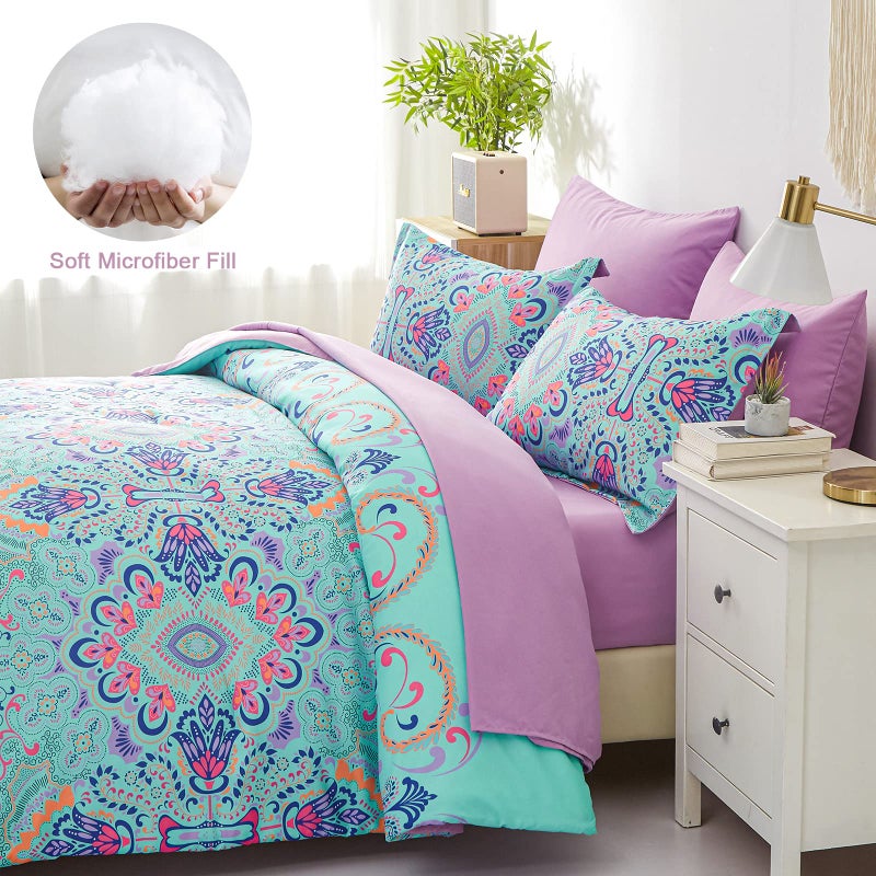 DHSFKBE King Size Comforter Set, 7 Piece Bed in a Bag, Boho Aqua and Lilac Damask Medallion Print Comforter with Sheets, Soft Microfiber Complete Bedding Set for All Season (Aqua, King) - Image 3