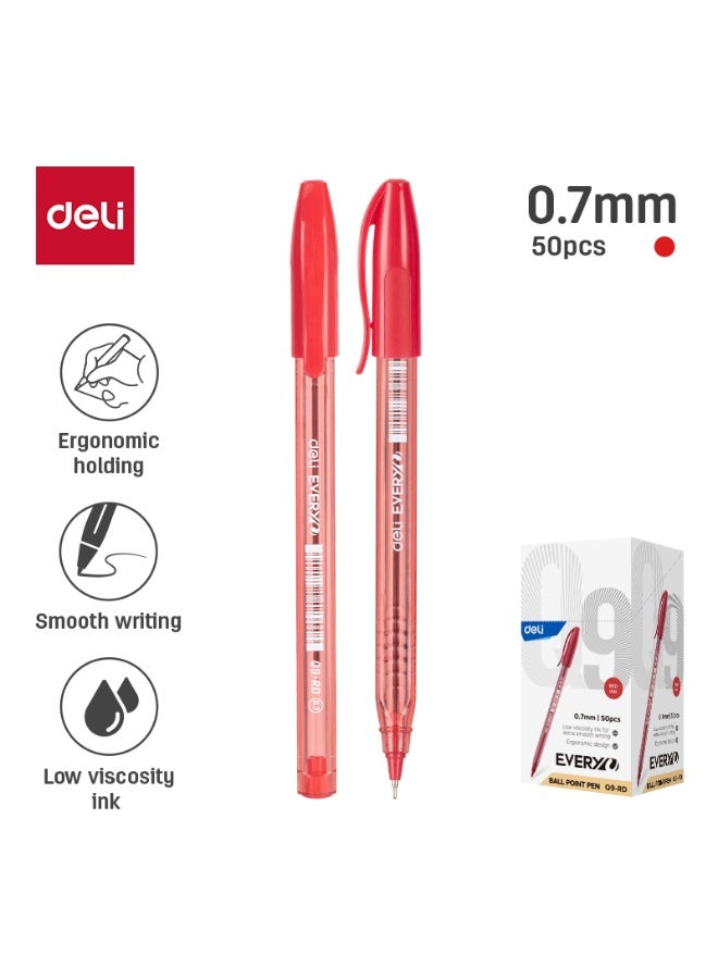 Deli Ballpoint Pen 0.7mm, Red Ink, Fine Tip, 50 Pieces Pack for School, Office & Business Use - Image 4
