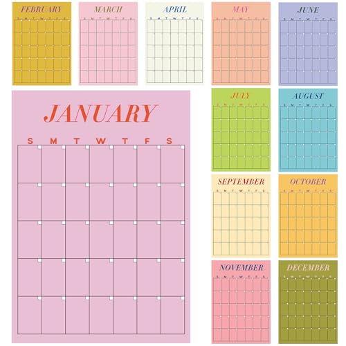 Fullhawl 12 Pcs Undated Calendar 16 x 12 Large Erasable Wall Calendar Dry Ease Reusable Planning Colorful Yearly Rainbow Blank Planner Reserved Grid for Office Home Educational Study Room Back to First Day - Image 1