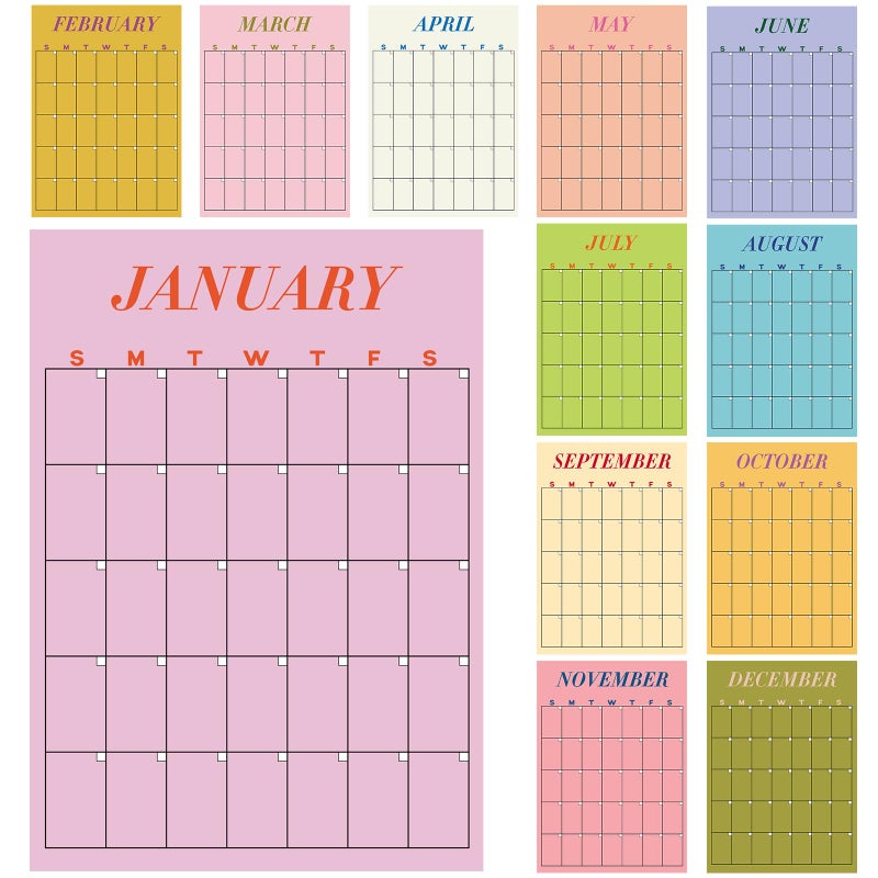 Fullhawl 12 Pcs Undated Calendar 16 x 12 Large Erasable Wall Calendar Dry Ease Reusable Planning Colorful Yearly Rainbow Blank Planner Reserved Grid for Office Home Educational Study Room Back to First Day - Image 2