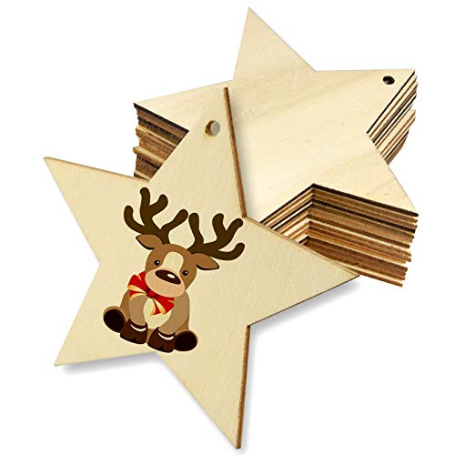 obmwang 50 Pieces Natural Wooden Star Cutouts Unfinished Predrilled Wooden Star Embellishments with Natural Twine for Christmas, DIY Craft, Party Decoration - Image 3