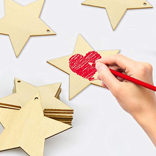obmwang 50 Pieces Natural Wooden Star Cutouts Unfinished Predrilled Wooden Star Embellishments with Natural Twine for Christmas, DIY Craft, Party Decoration - Image 5