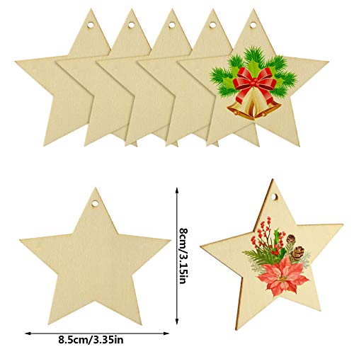 obmwang 50 Pieces Natural Wooden Star Cutouts Unfinished Predrilled Wooden Star Embellishments with Natural Twine for Christmas, DIY Craft, Party Decoration - Image 2