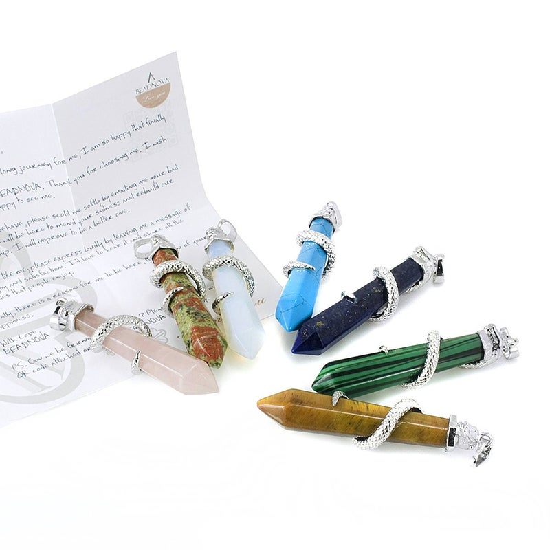 BEADNOVA Healing Crystal Necklace for Women Men Synthetic Opalite Snake Tail Wrap Pendant Energy Healing Gemstones Jewelry Pendulum Crystal Divination (Hexagonal, 18 Inches Stainless Steel Chain) - Image 5