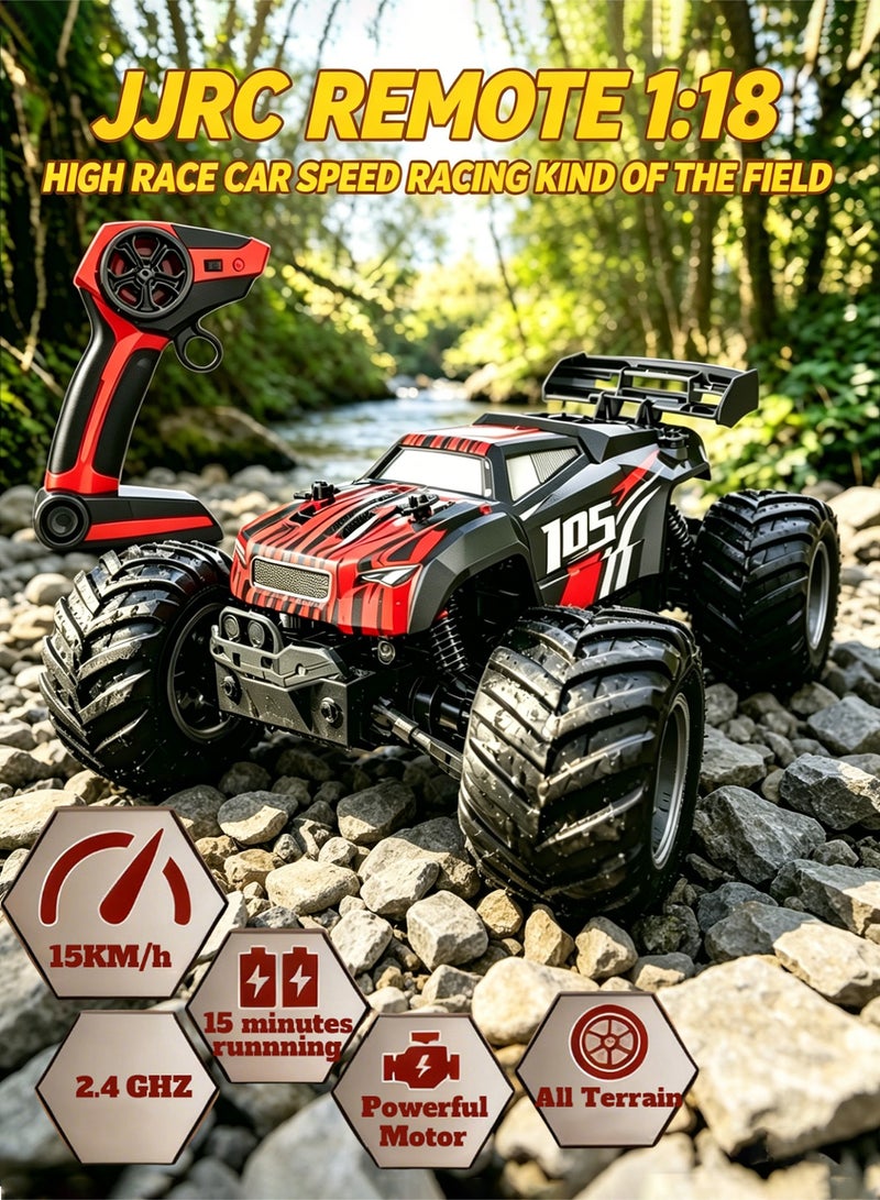 JJRC Q105 Remote Control Car, 1:18 Scale All Terrain RC Cars, 15Km/h with Colorful LedLight and one Rechargeable Batteries, Comes with four mini roadblock cones and four cone stickers，Remote Control Truck Off Road Racing Car Toys  for Kids and Boys - Image 1